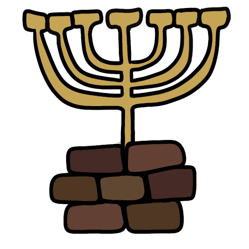 a gold temple menorah above seven stacked reddish brown bricks